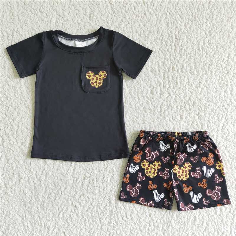 boys black leopard t-shirt shorts sets BSSO0042