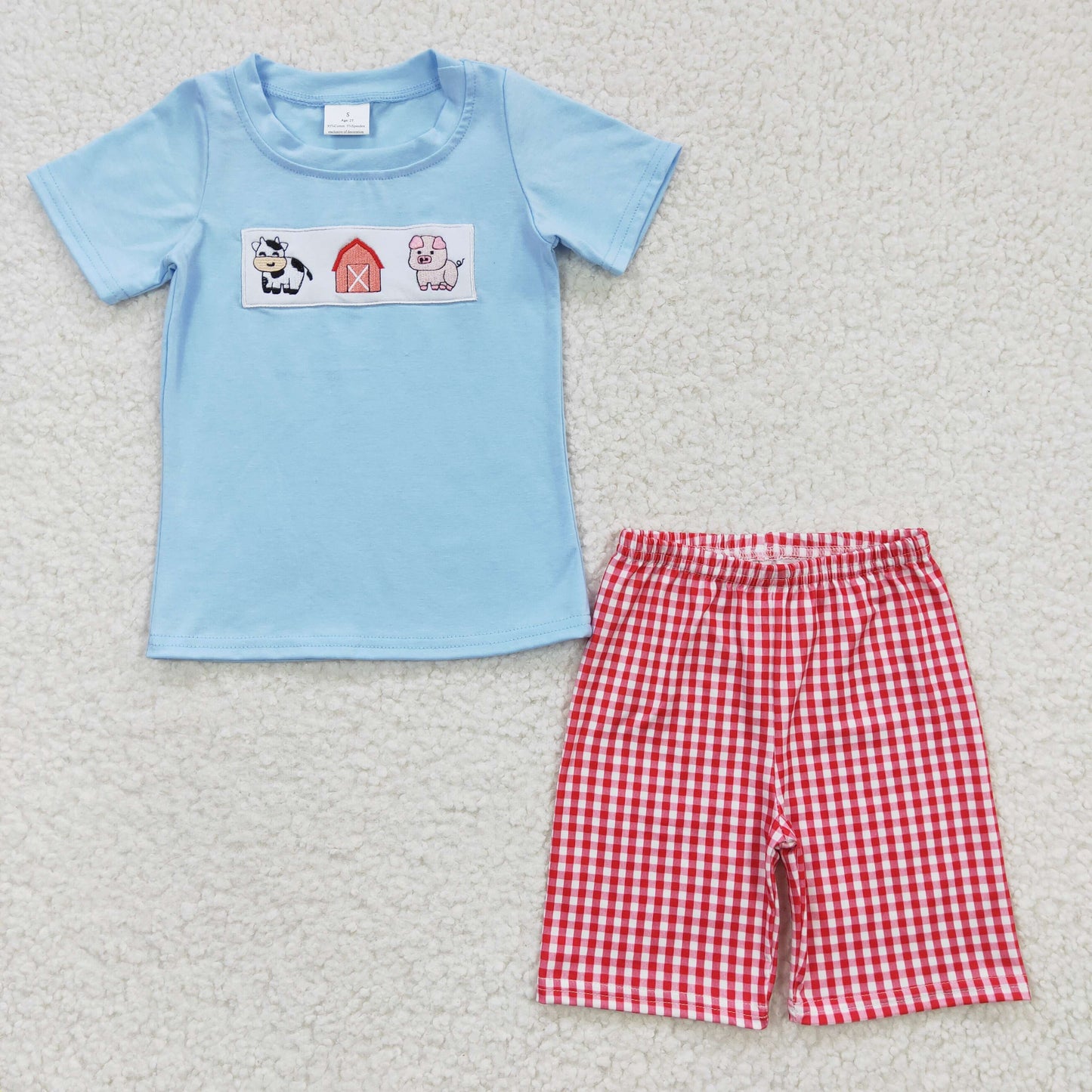 boys farm livestock embroidery t-shirts+shorts sets BSSO0181