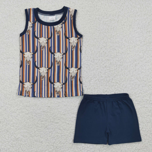 boys cow navy tank tops+shorts sets BSSO0217