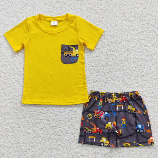 boys engineering vehicle pocket t-shirts+shorts sets BSSO0231