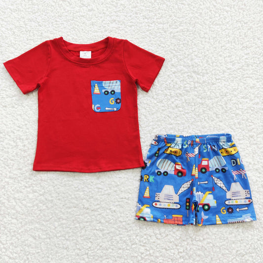 boys red engineering vehicle pocket t-shirts+shorts sets BSSO0233