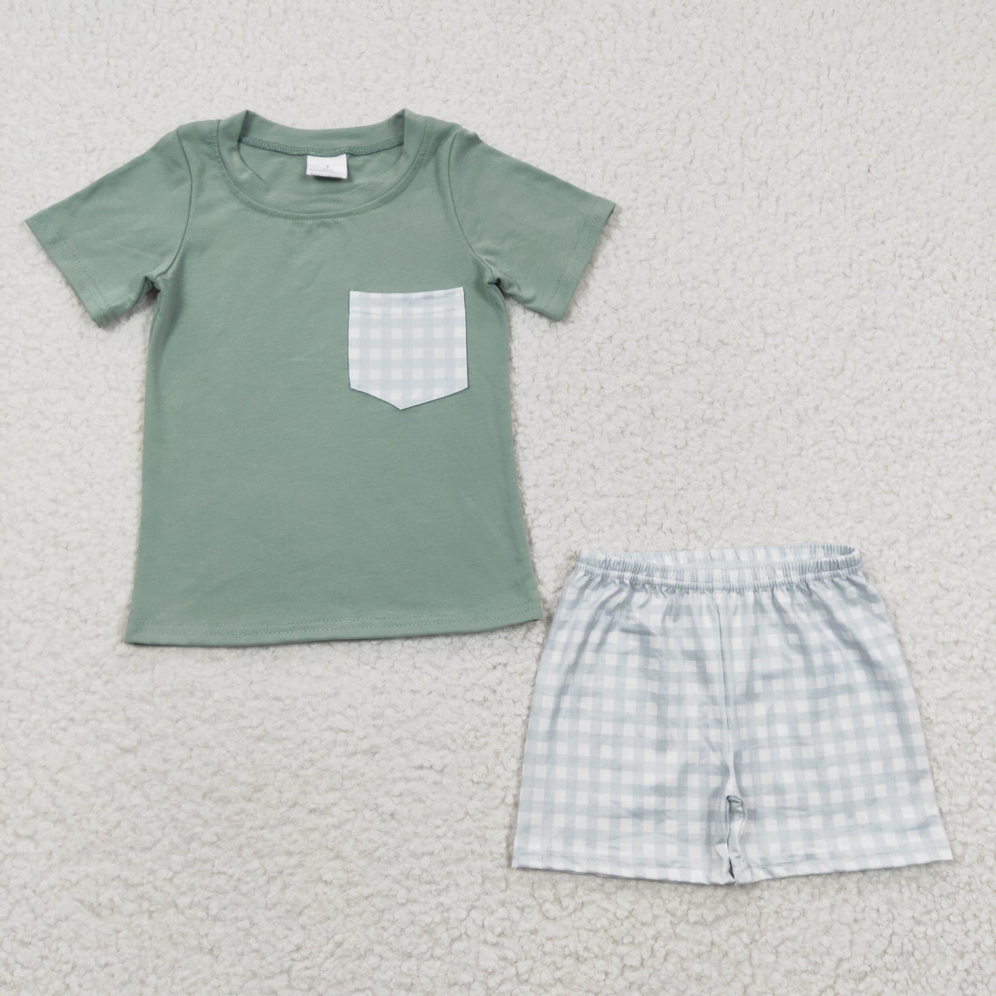 boys green pocket t-shirts+shorts sets BSSO0236