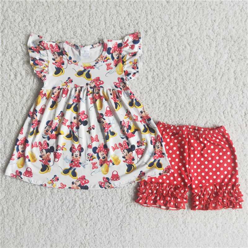 girls cartoon tops red polka dot shorts sets C0-15