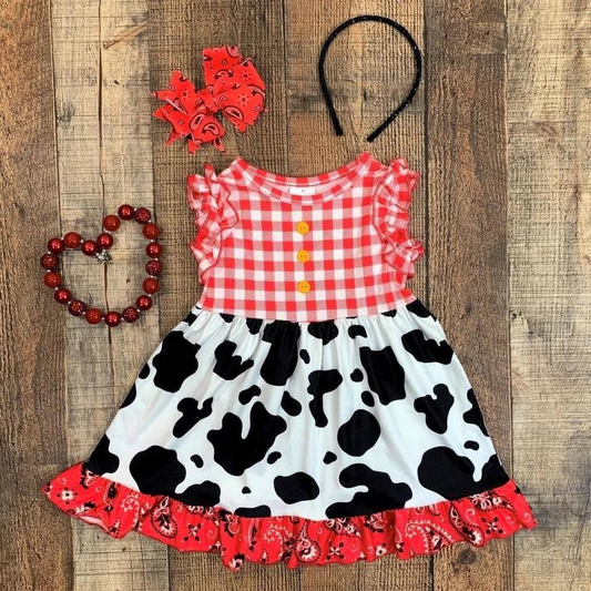 Red plaid Cow print Ruffle Girl Dresses