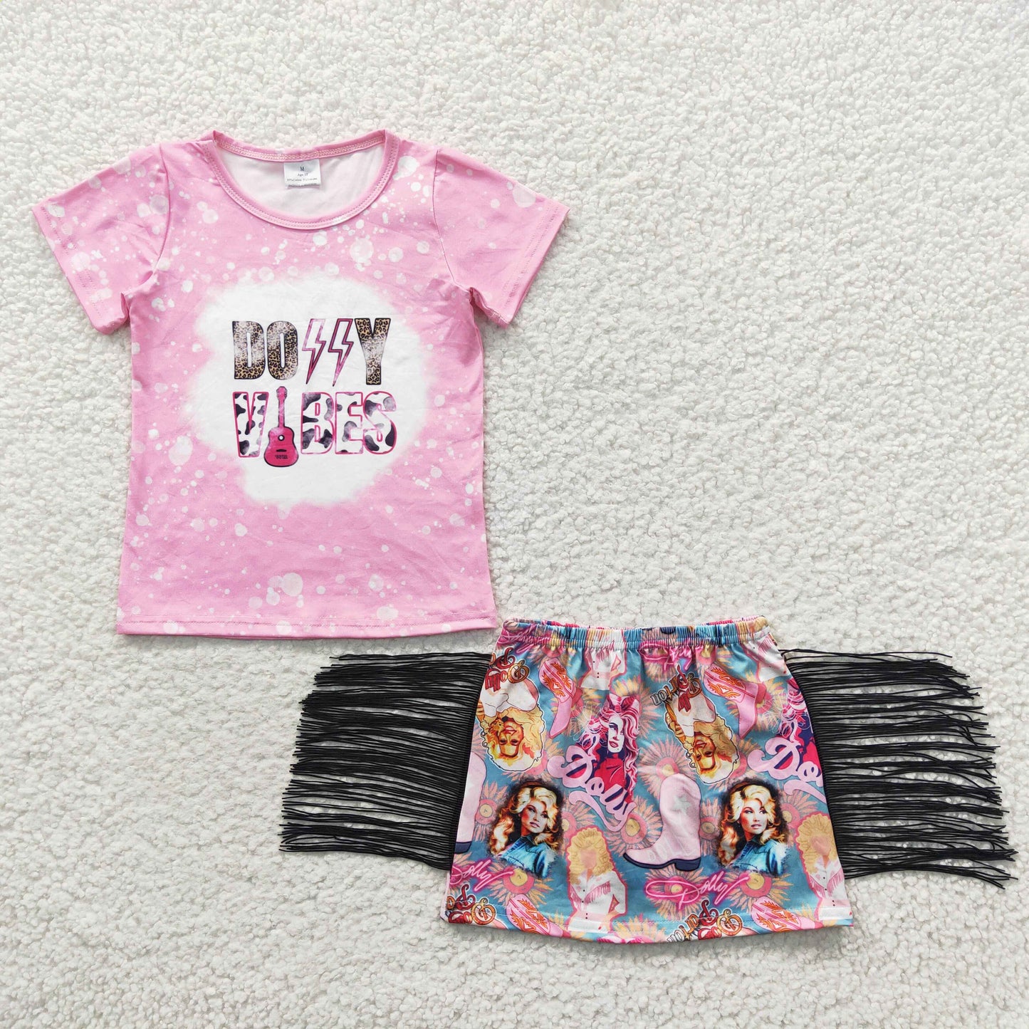 girls pink t-shirts tassel skirts sets GSD0317