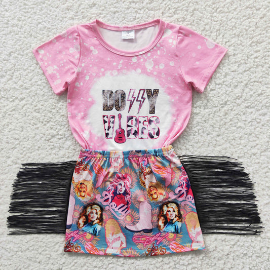 girls pink t-shirts tassel skirts sets GSD0317