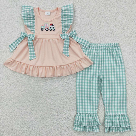 tractor & cow embroidery spring outfits GSPO0447