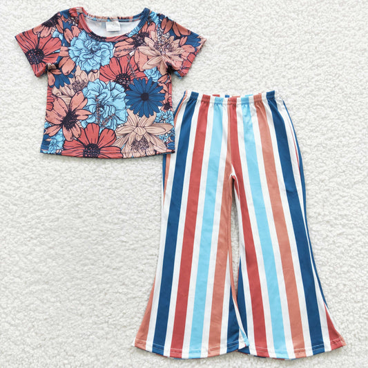 blue floral tops stripe bell bottoms sets GSPO0578