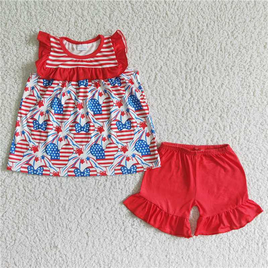 girls 4th of July cartoon tops red shorts sets GSSO0055