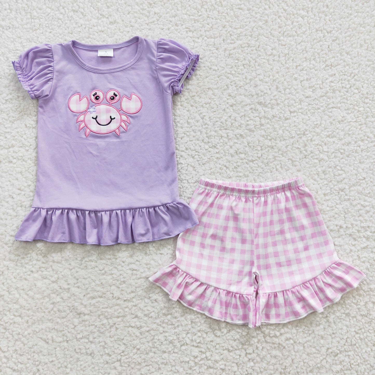 girls crab embroidery t-shirts+shorts sets GSSO0135