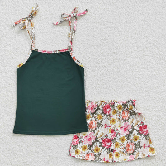 girls green camis floral shorts outfits GSSO0217