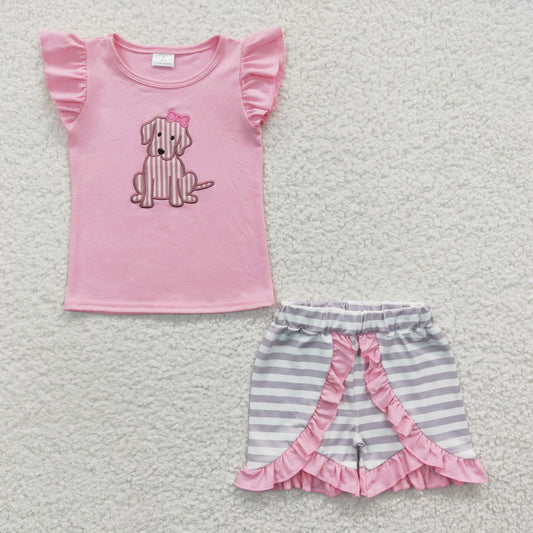 cute puppy embroidery girls tees shorts sets GSSO0223