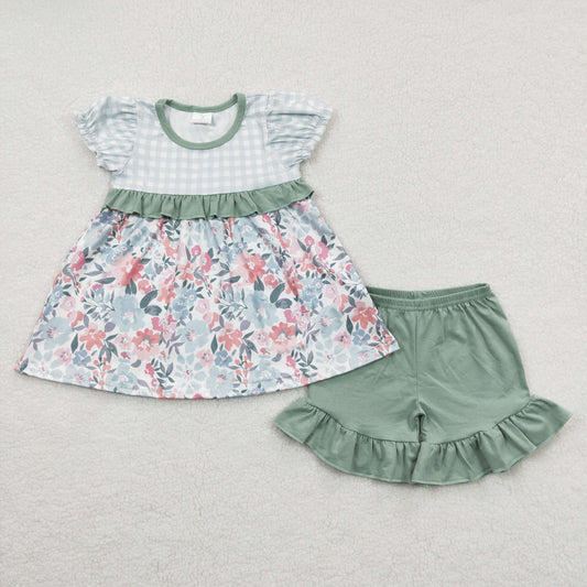 green floral tops frilly shorts sets GSSO0247