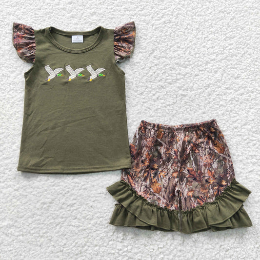 girls bird embroidery t-shirts+shorts sets GSSO0252