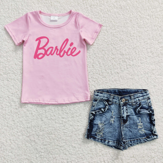 barbie pink T-shirts shorts jeans set GSSO0256