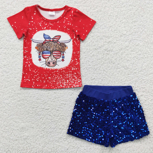 Cow head red tops blue sequin shorts sets GSSO0282