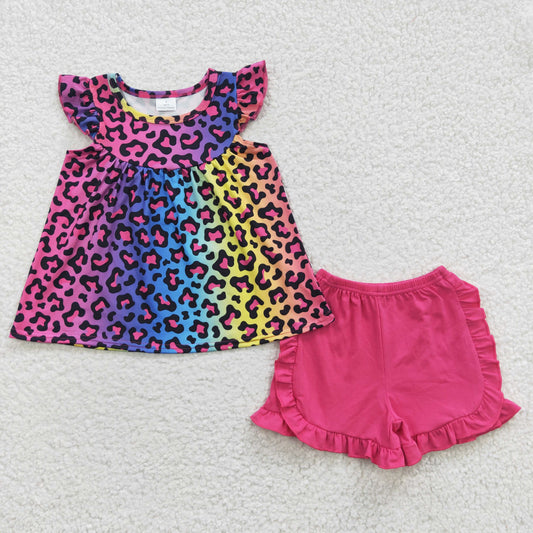 girls colorful leopard tops shorts set GSSO0299