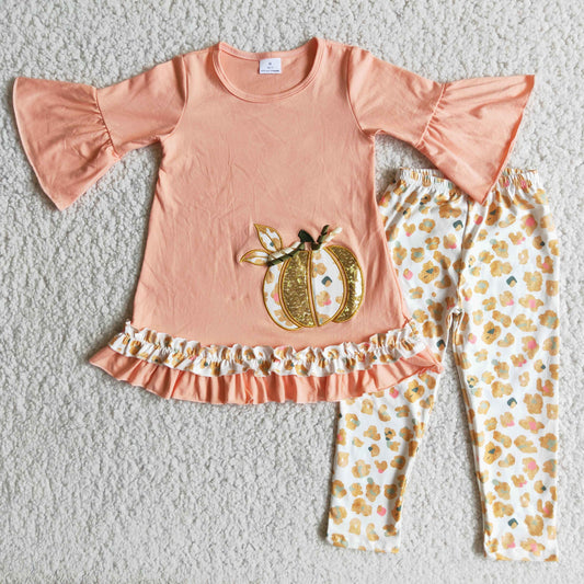 girls pumpkin Applique tops bottoms sets 6 A9-30