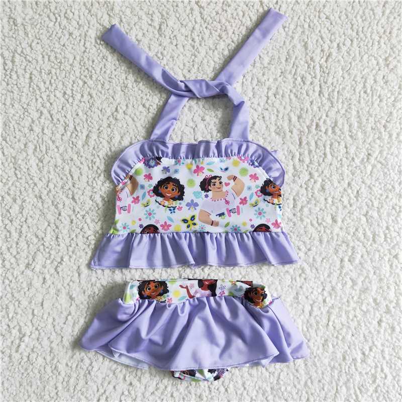 girls purple cartoon halter 2pcs swimwear S0006