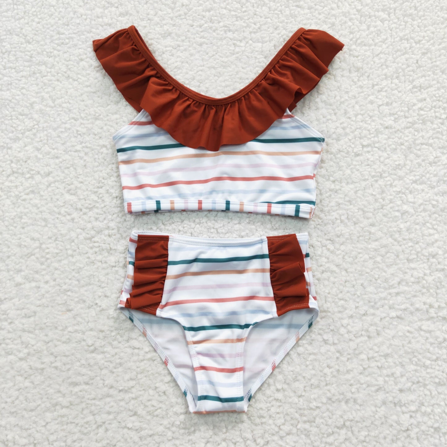 girls brown stripe swimwear S0082