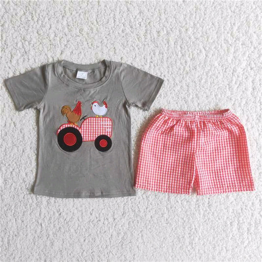 Car Chicken Embroidered Top Girl Red Shorts Set