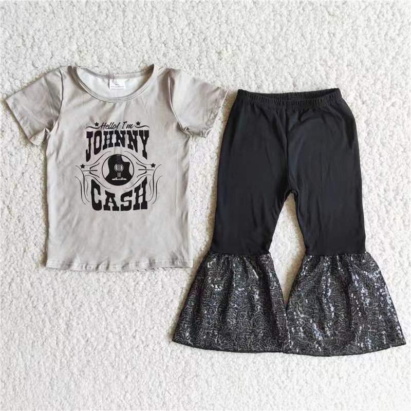 Johnny Cash Grey T-shirt Black Bell Bottom Sequins Pants Set