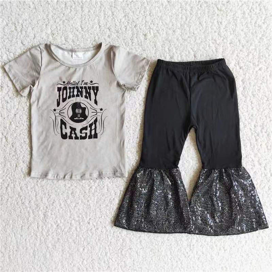 Johnny Cash Grey T-shirt Black Bell Bottom Sequins Pants Set