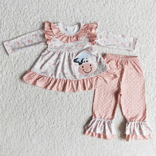 Cow Embroidered Pink Ruffle Set