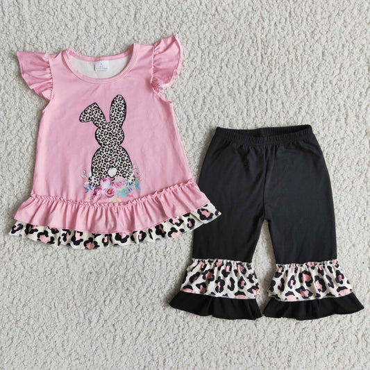 Easter Rabbit short sleeve T-shirt Leopard black Pants Set