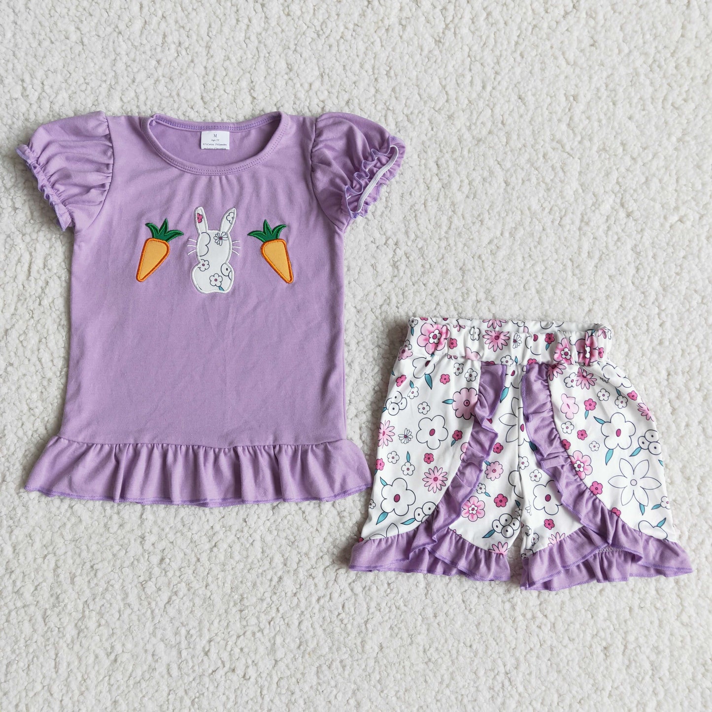 Easter Rabbit Carrot Purple  short Sleeve Top Love Ruffle shorts Set