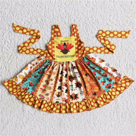 D4-11 baby girl Happy Thanksgiving Turkey printed Dress-promotion 2023.10.16