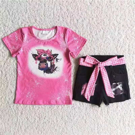 Heifer pink short sleeve T-shirt denim shorts set