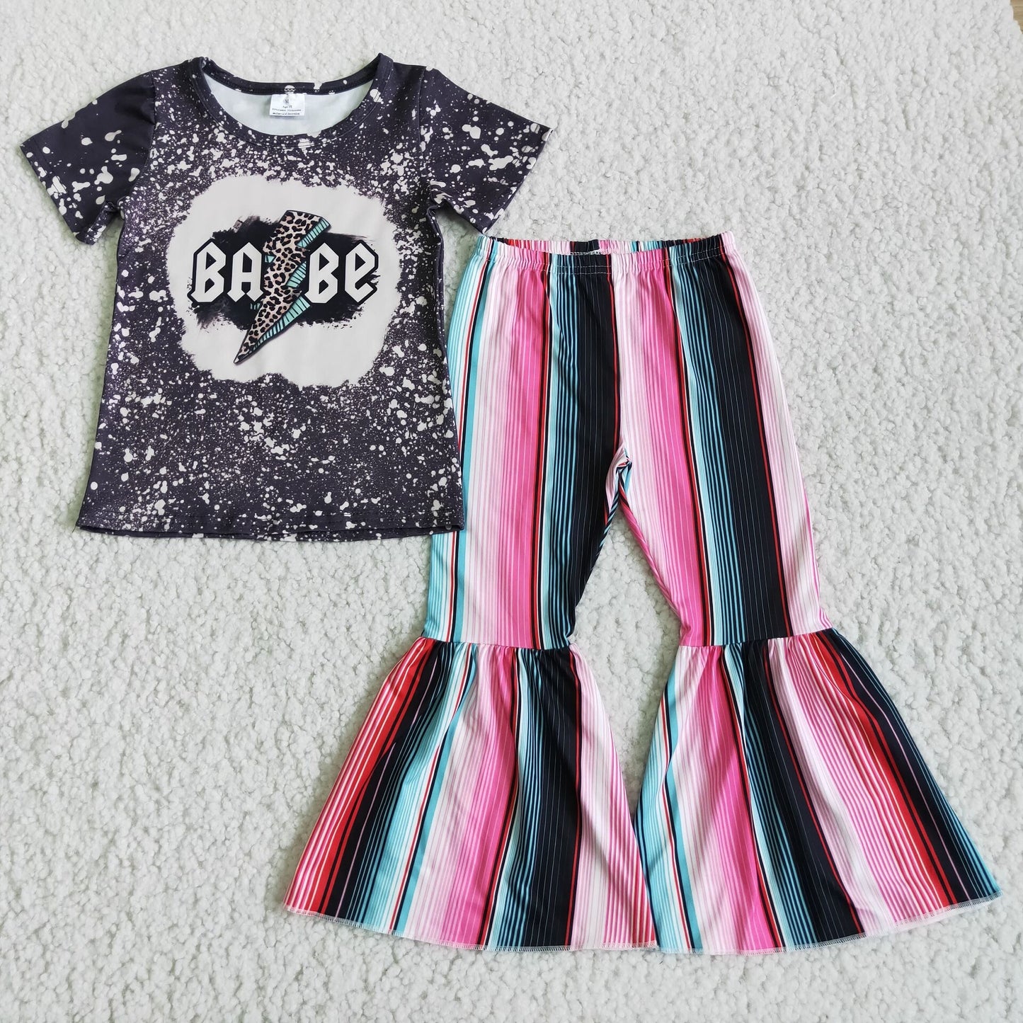 Babe bleached black T-shirt colorful stripe bell bottoms pants set