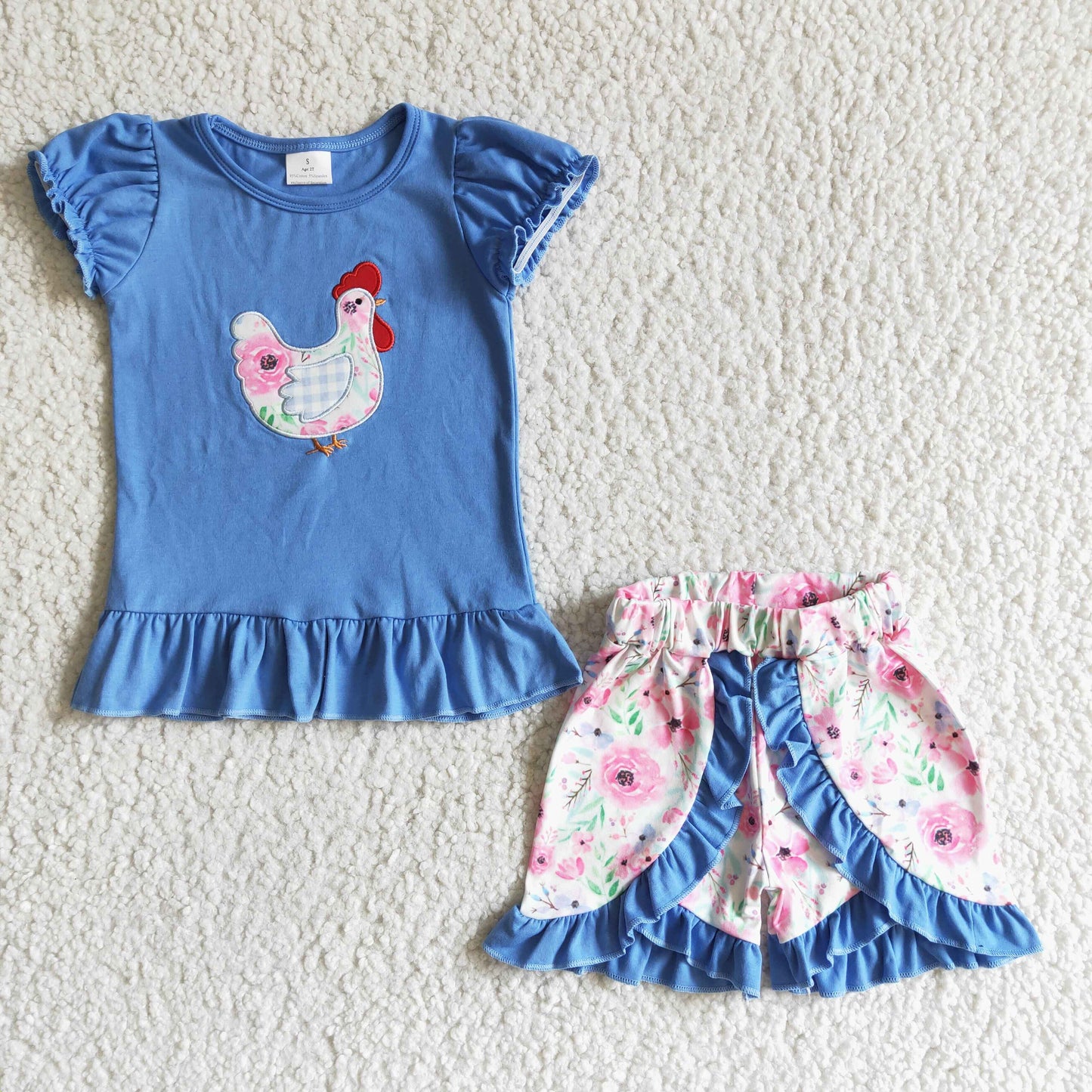 Blue embroidery T-shirt ruffle set