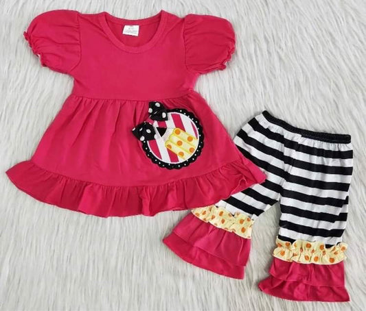 back to school embroidery T-shirt girl ruffle Capris pants Set