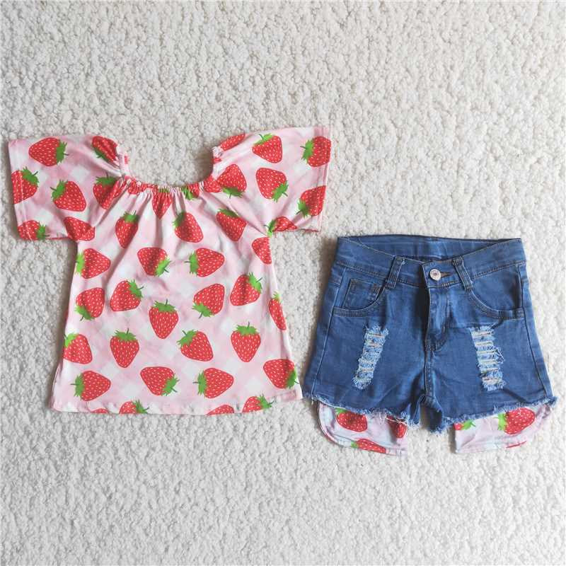 Strawberry  T-shirt denim shorts set