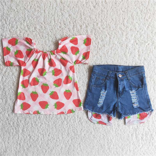 Strawberry  T-shirt denim shorts set