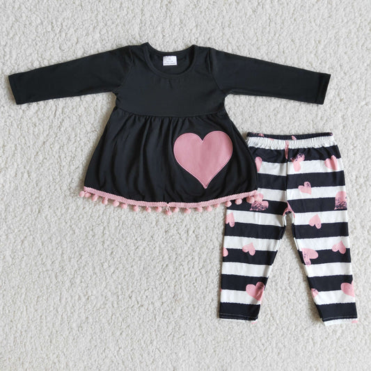 Pink Heart embroidered Black Top Stripe pants Set