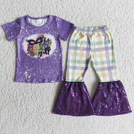 Mardi gras T-shirt Top stripe sequins pants Set