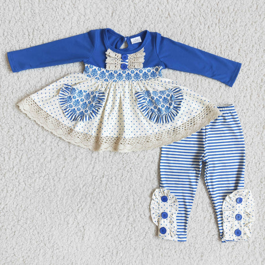 Blue Ruffle pocket long sleeve  Set