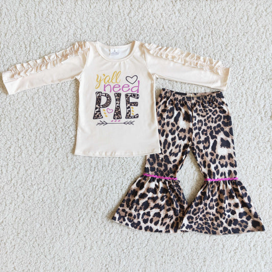 6 A23-20 You all need pie long sleeve Girl T-shirt leopard Bell Bottom Pants Set-promotion 2023.10.9