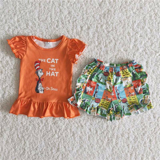 The cat in the hat orange sleeveless T-shirt Ruffle shorts Set