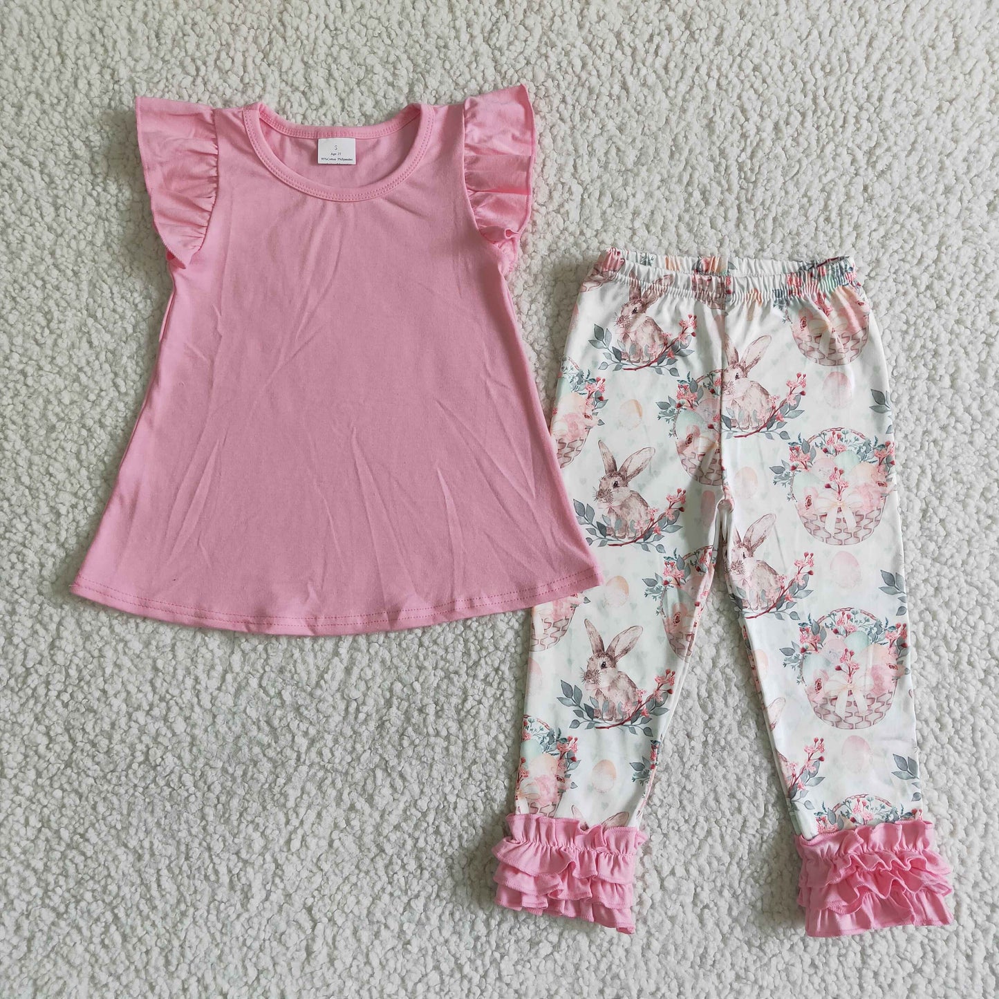 easter pink flutter sleeve top rabbit legging ruffle pants set