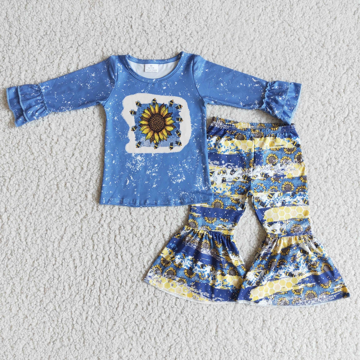 Blue Sunflower long sleeve  Girl T-shirt  Bell Bottom Pants Set