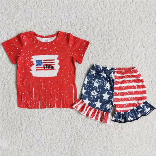 American Flag print Top blue Ruffle Shorts Set