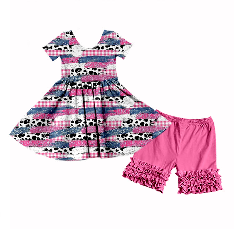 Summer pink short sleeve dress ruffle shorts set-preorder